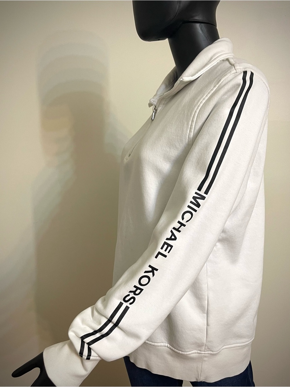 Michael Kors White Zip-Up Sweater with Black Sleeve Stripes